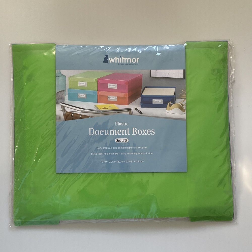Whitmor Plastic Document Boxes, Assorted Colors, Set of 5 in One Package - NEW